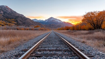 Fototapeta premium Scenic autumn sunset over mountain range, railroad tracks vanishing point, travel poster