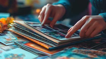 Fototapeta premium Reliving Memories: A Person Gently Browsing Through a Stack of Photo Albums, Each Page Filled with Precious Moments Captured in Time.