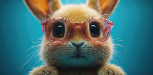 Fototapeta premium Closeup of a Fluffy Brown Rabbit Wearing Pink Sunglasses