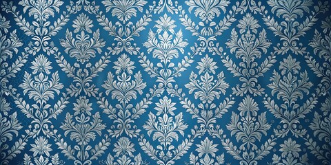Luxurious Blue and Silver Damask Backdrop with Floral Motifs and Copy Space