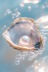 An open oyster reveals a stunning pearl, softly illuminated by golden sunlight filtering through crystal-clear water, while bubbles rise gently, adding a magical touch