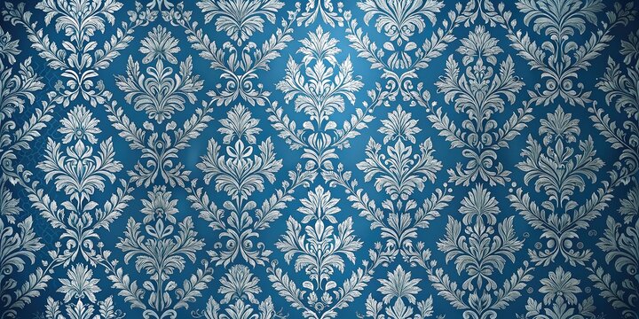 Luxurious Blue and Silver Damask Backdrop with Floral Motifs and Copy Space