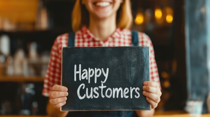 Customer Service concept. A cheerful individual holds a chalkboard sign that reads "Happy Customers" showcasing a positive atmosphere in a service-oriented environment.