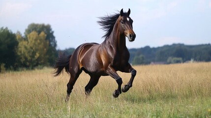 Fototapeta premium Majestic Bay Horse Galloping Across Golden Meadow