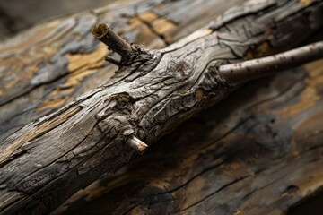 Close up of a weathered branch with intricate details lying on a wooden surface, showcasing the beauty of natural decay
