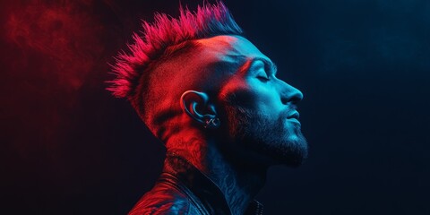 Portrait of a punk man with mohican hairstyle and tattoos illuminated by red and blue neon lights