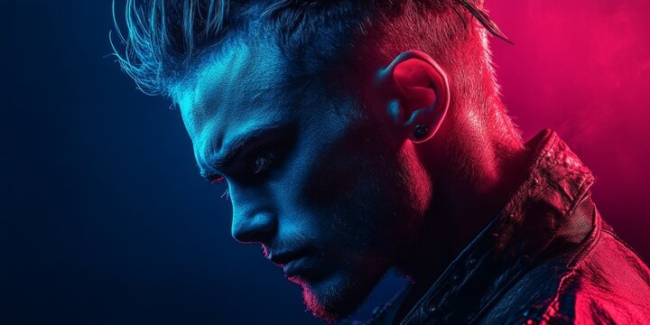 Close-up profile of musician with modern hairstyle posing under blue and red lights