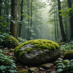 Rocks covered with green moss in the forest with Wild nature view Empty space for products.