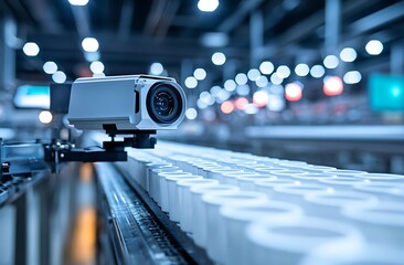 Automated factory line with camera monitoring white containers.