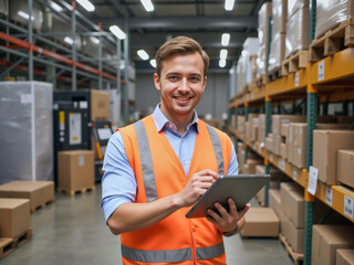 Obraz premium headshot portrait photo of a business person: A man in an orange vest holding a tablet in a warehouse.