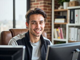 Fototapeta premium headshot portrait photo of a business person: A man sitting at a desk in front of two computer monitors.