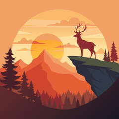 Naklejka premium Stunning Vector Deer Silhouette on a Cliff Against a Glowing Sunset