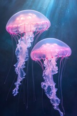 Ethereal jellyfish illuminated in vibrant shades of neon blue and pink float serenely in a dark underwater environment, with gentle beams of light piercing through the water