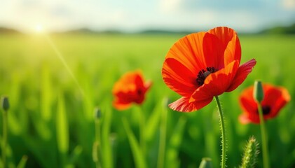 Obraz premium Bright red poppy flowers bloom in a lush green wheat field, flowers, harvest, farm
