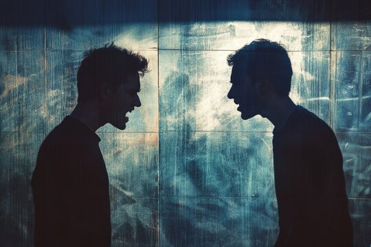Side view silhouettes of two angry men shouting face to face in dark room