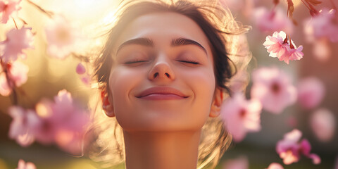 Fototapeta premium Young beautiful person's face under falling petals of blossoming cherry trees on sunny spring day. A girl enjoying pink sakura blossom season.