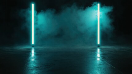 A futuristic abstract background featuring glowing blue neon lines on a dark reflective floor, surrounded by dense fog. 