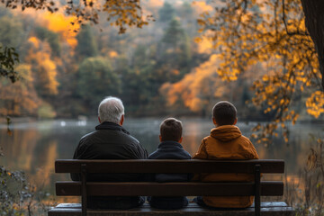Grandfather with two grandsons enjoying peaceful autumn scenery while sitting on a park bench by a lake
