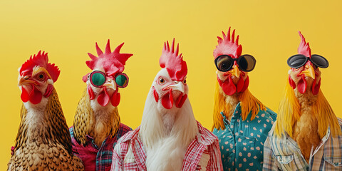 Funny trendy chickens wearing fancy clothes on vivid yellow background. Celebrating Easter. Funny Easter banner.