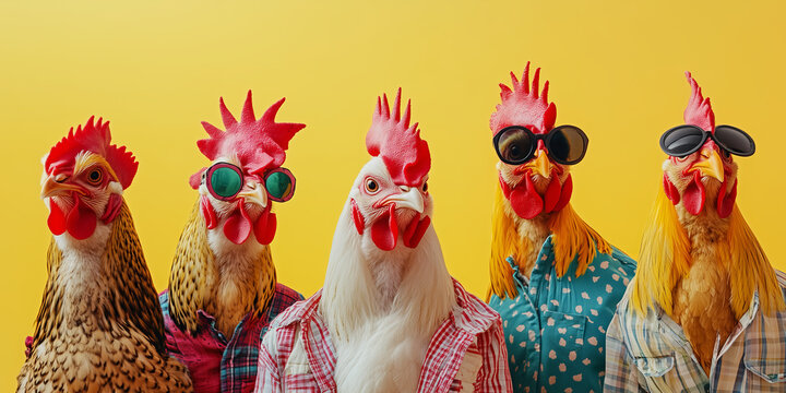 Funny trendy chickens wearing fancy clothes on vivid yellow background. Celebrating Easter. Funny Easter banner.