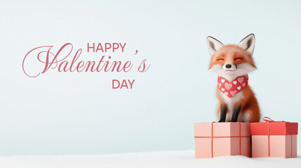 Adorable fox wearing heart scarf on gift boxes celebrating valentine's day