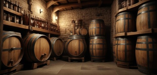 Horizontal shot of aged liquor bottles and wooden barrels in rustic wine cellar, bottles, liquor, barrels, aged