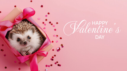 Adorable hedgehog in gift box with pink ribbon and sparkles for valentine's day