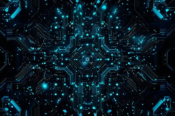 Abstract close-up of a glowing blue digital circuit board, showcasing intricate connections and technological design on a black background.
