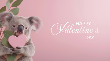 Adorable koala with heart celebrating valentine's day on pink background