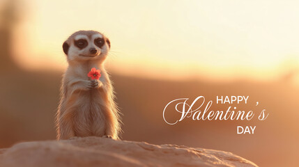 Adorable meerkat holding a flower celebrating valentine's day at sunset