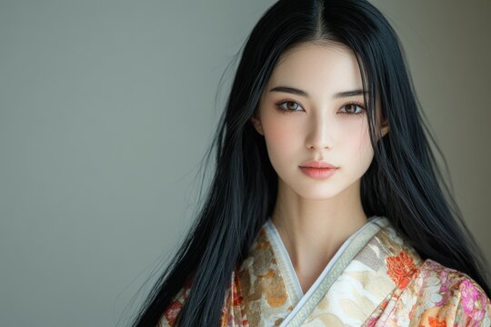 Studio portrait of a young asian woman with long black hair, wearing a traditional kimono with floral patterns