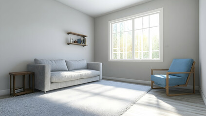 A simple living room with light gray walls, white carpet, and a wooden floor. The sofa is covered in gray fabric, and there is an armchair with a blue cushion.