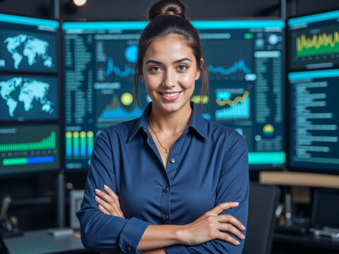 headshot portrait photo of a business person: A woman standing in front of multiple computer monitors.