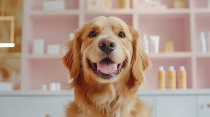 A cheerful golden retriever dog with its tongue out, looks directly at the camera in a light-filled pet grooming salon.