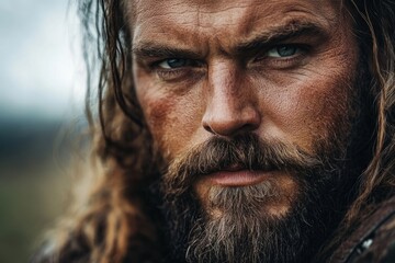 Obraz premium Portrait of a viking warrior with long hair and beard staring intensely, conveying strength, power, and fierceness