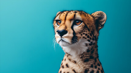 Leopard standing confidently against a solid blue background with a bold and charismatic presence exuding power elegance and sophistication ultra-detailed high-quality studio portrait