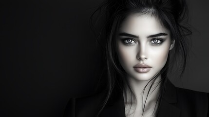 Fototapeta premium Captivating woman fair-skinned bright blue eyes elegant black curls loose bun stylish professional suit tonal black and white Ultra-Realistic Photo Realistic highly detailed 