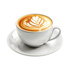 Highly realistic advertising photo of a cup of cappuccino coffee with creamy milk and latte art isolated on transparent background