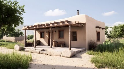 Cozy Adobe House Surrounded by Lush Green Grass and Trees