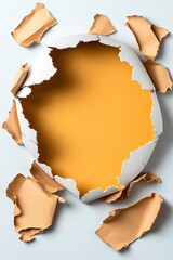 A cracked egg shell revealing a vibrant yellow interior, surrounded by pieces of the shell, creating a visually striking contrast.