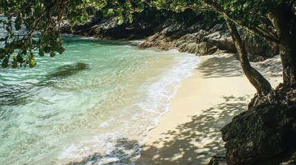 Secluded tropical beach, turquoise water lapping sandy shore under lush foliage, perfect for travel brochures