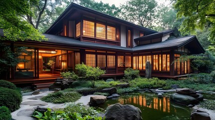 Obraz premium Tranquil Japanese House Surrounded by Lush Garden and Pond