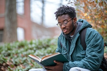Young male student concentrating on his studies, reading a textbook outdoors on a university campus