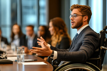 Man in suit in wheelchair at professional discussion meeting with diverse team in modern office