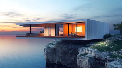 Fototapeta premium Modern Cliffside House with Panoramic Views at Sunset