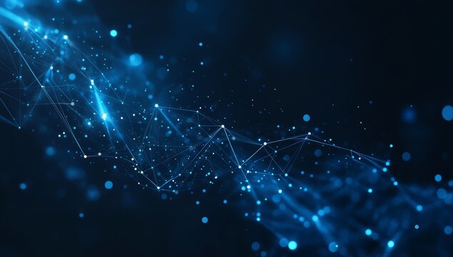 Abstract blue glowing network connections, digital data stream, technology background.