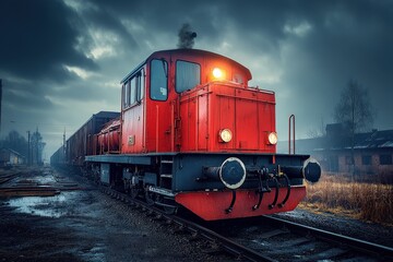 Obraz premium Nostalgic Red Locomotive Maneuvering Through Abandoned Train Yard Under Dark Overcast Sky with Steam Rising and Industrial Background