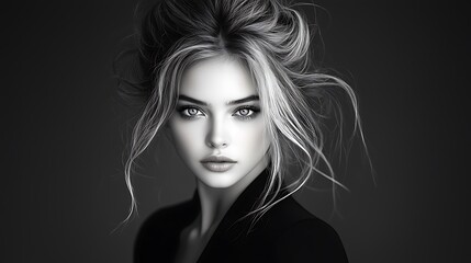 Fototapeta premium Enigmatic woman delicate fair skin crystalline blue eyes natural black curls soft bun refined suit black and white portrait Ultra-Realistic Photo Realistic highly detailed 