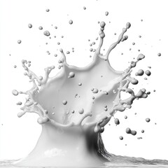 A dynamic splash of milk against a white background, capturing the elegant movement and texture of liquid droplets in mid-air.