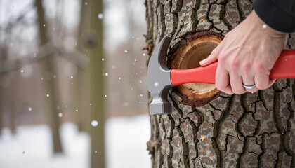 Person using hammer on tree trunk in snowy forest setting for blogs, websites, woodworking projects, educational content about forestry, and nature-themed presentations